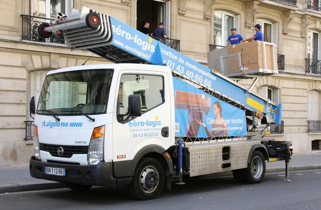 Camion-grue équipé pour déménagement sans ascenseur avec plateforme élévatrice et élévateur de charges, prêt à transporter des meubles en hauteur.