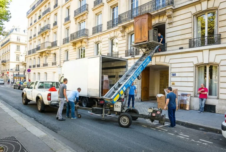 Groupe de déménageurs utilisant un monte-meubles électrique installé sur le trottoir pour transporter des meubles vers un étage supérieur.
