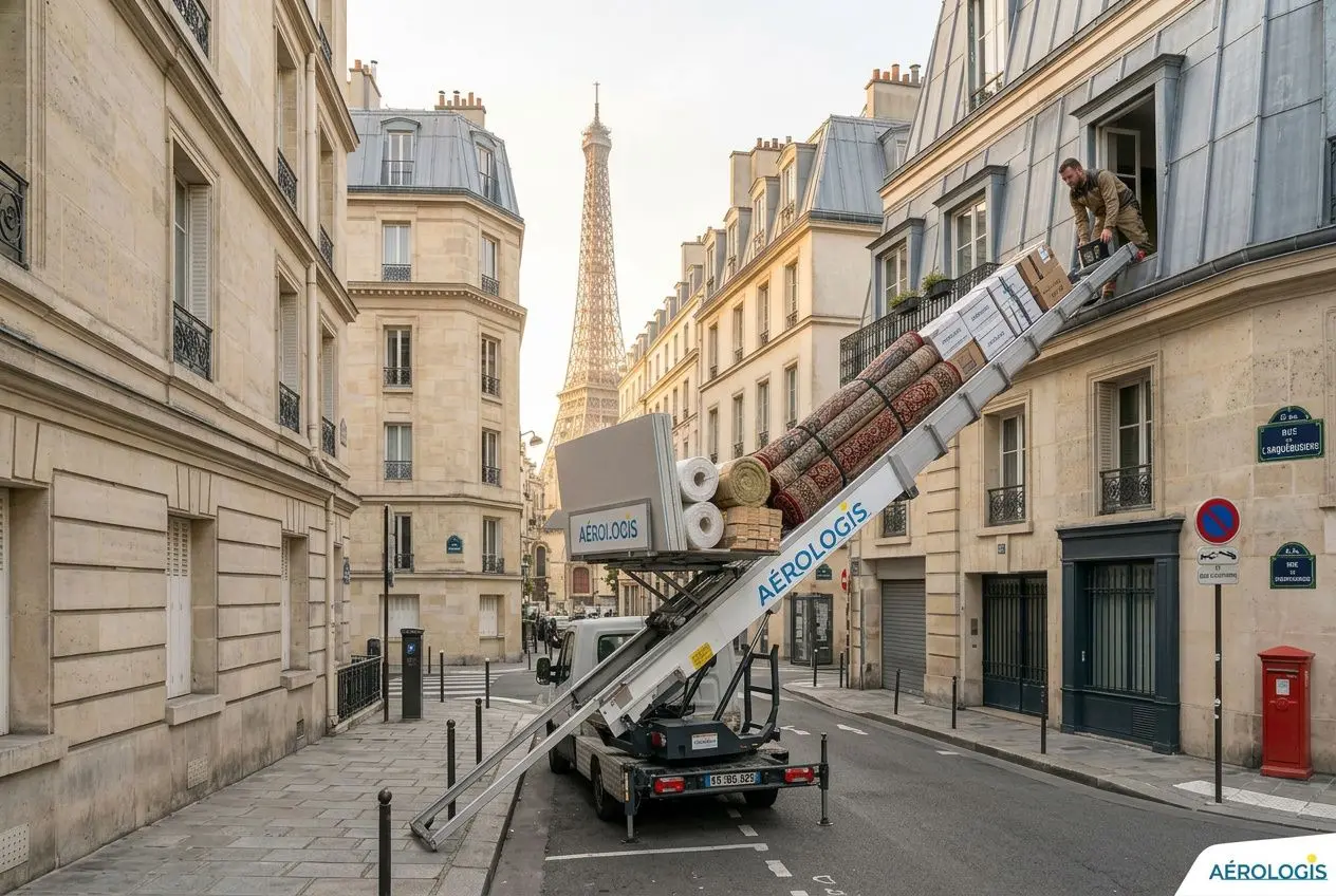 Camion de déménagement sur rue parisienne déployant une rampe inclinée avec tapis et rouleaux; un homme organise le chargement des meubles en hauteur. Résumé utile pour « comment déménager seul sans aide ».