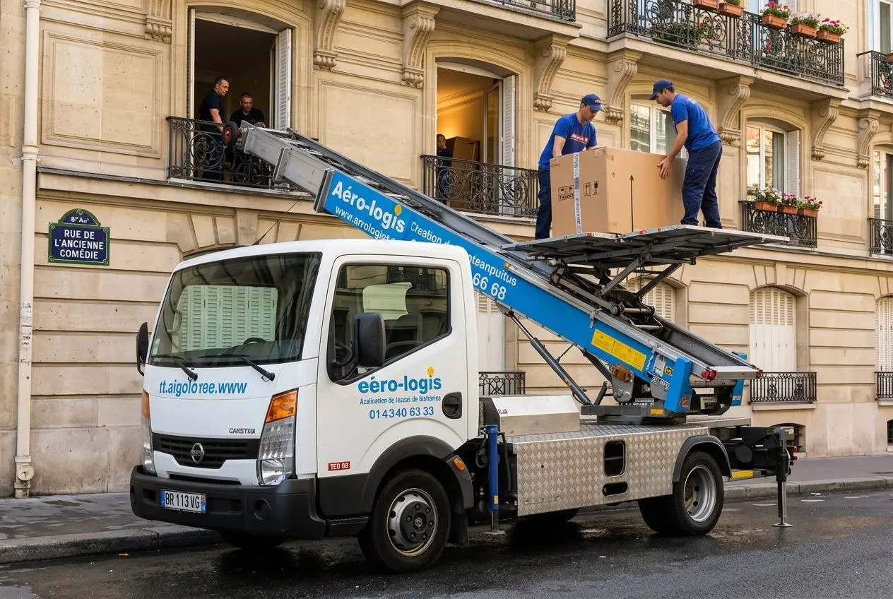 Chariot élévateur avec plateau et camions de déménagement sur rue parisienne, deux ouvriers déchargent un grand meuble depuis l’étage. Integrates for SEO: comment déménager seul sans aide.