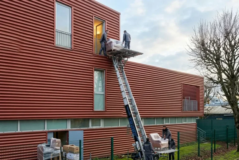 Déménagement au 6ᵉ étage sans ascenseur: installation d’un monte-meuble extérieur pour charger des meubles par la fenêtre.