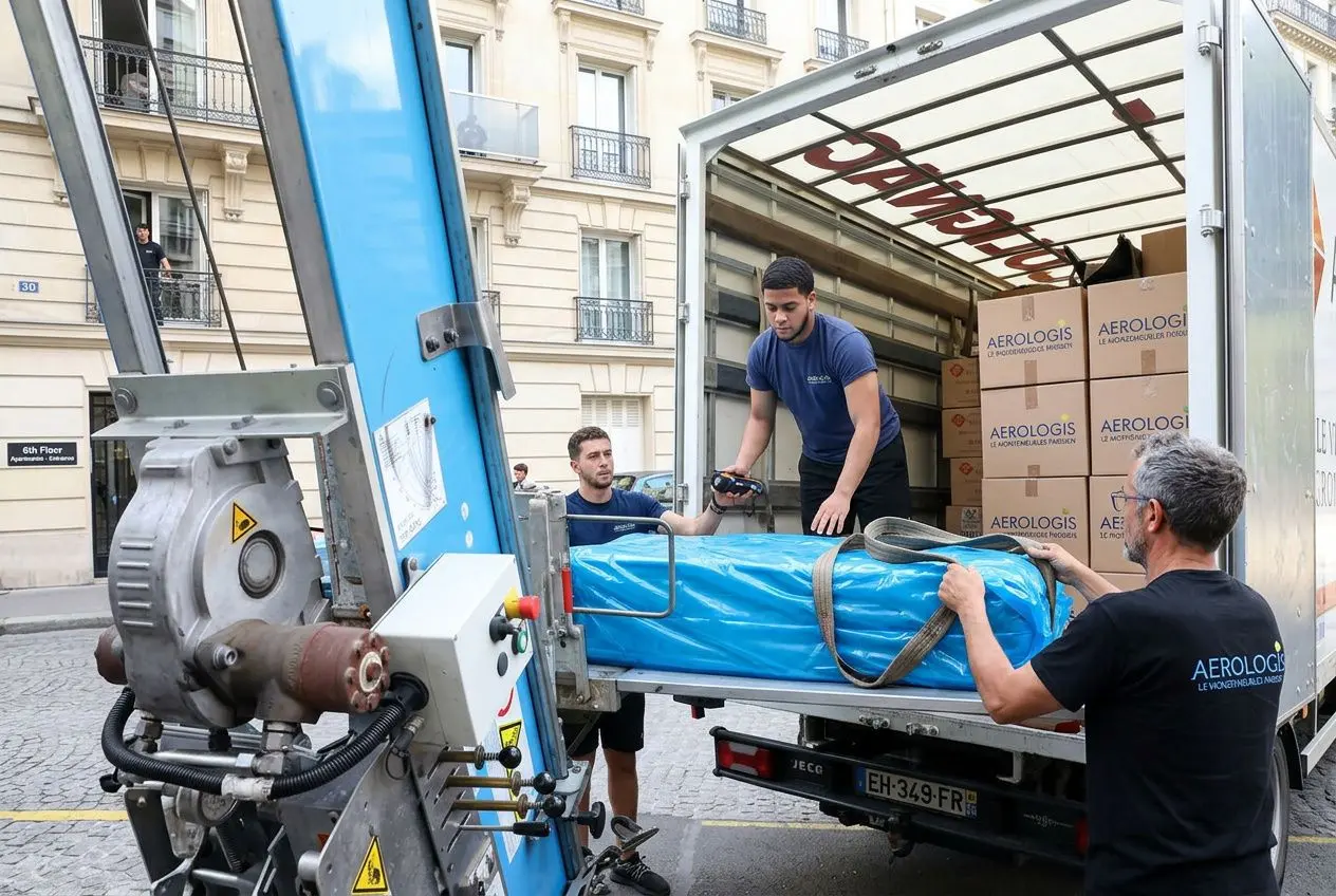 Déménagement au 6e étage sans ascenseur : monte-meuble et chargement de cartons dans un camion, opérateurs manipulant le matériel. déménagement 6ème étage comment faire.