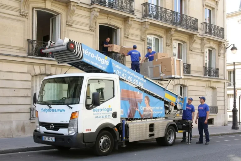 Déménagement par la fenêtre: monte-meuble rouge et camion avec échelle, ouvriers en bleu manipulent des cartons sur le balcon d’un immeuble parisien.