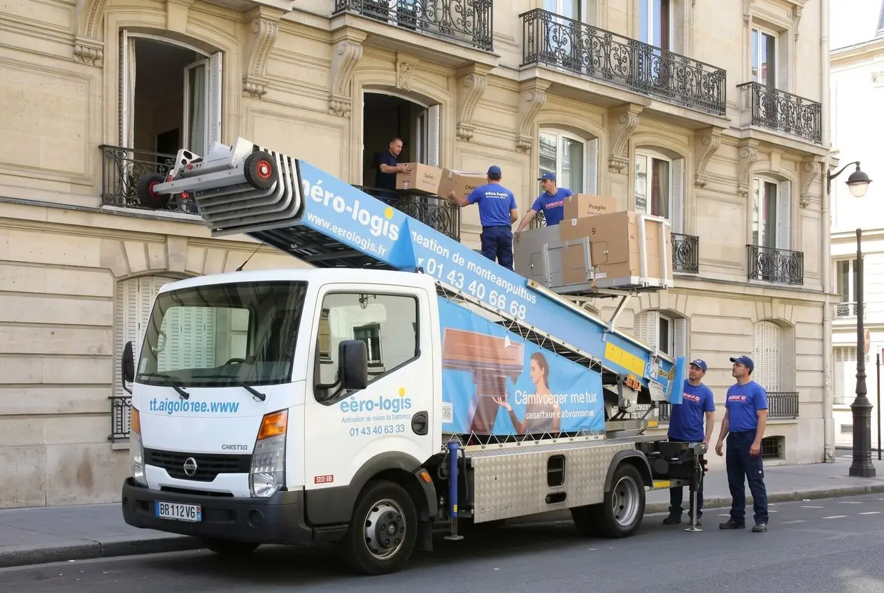 Déménagement par la fenêtre: monte-meuble rouge et camion avec échelle, ouvriers en bleu manipulent des cartons sur le balcon d’un immeuble parisien.