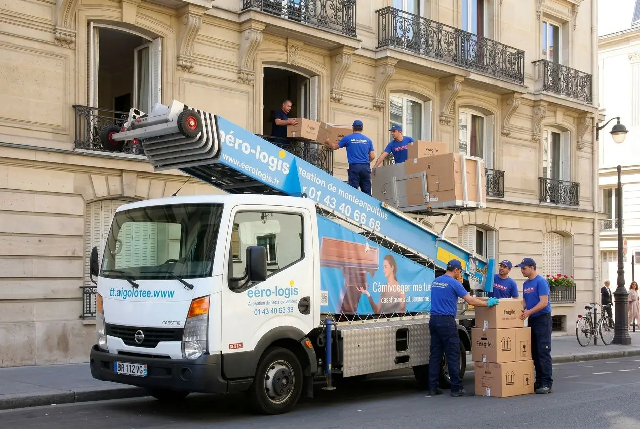 Déménagement en hauteur au 6e étage avec monte-meuble sur camion, travailleurs en bleu déplaçant des colis vers les balcons.