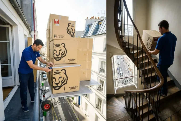 Deux images montrant un déménagement: à gauche, un homme sur une plateforme élévatrice pousse des cartons lourds scellés; à droite, il porte un meuble ou une boîte dans un escalier en colimaçon. Comment déplacer un meuble dans un escalier.