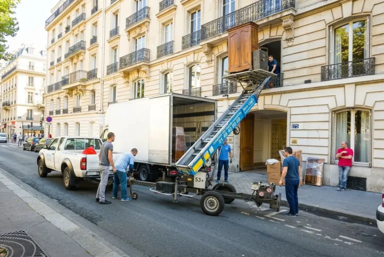 Personnes utilisant une monte-charge pour déplacer des meubles volumineux depuis un appartement en hauteur, en ville.