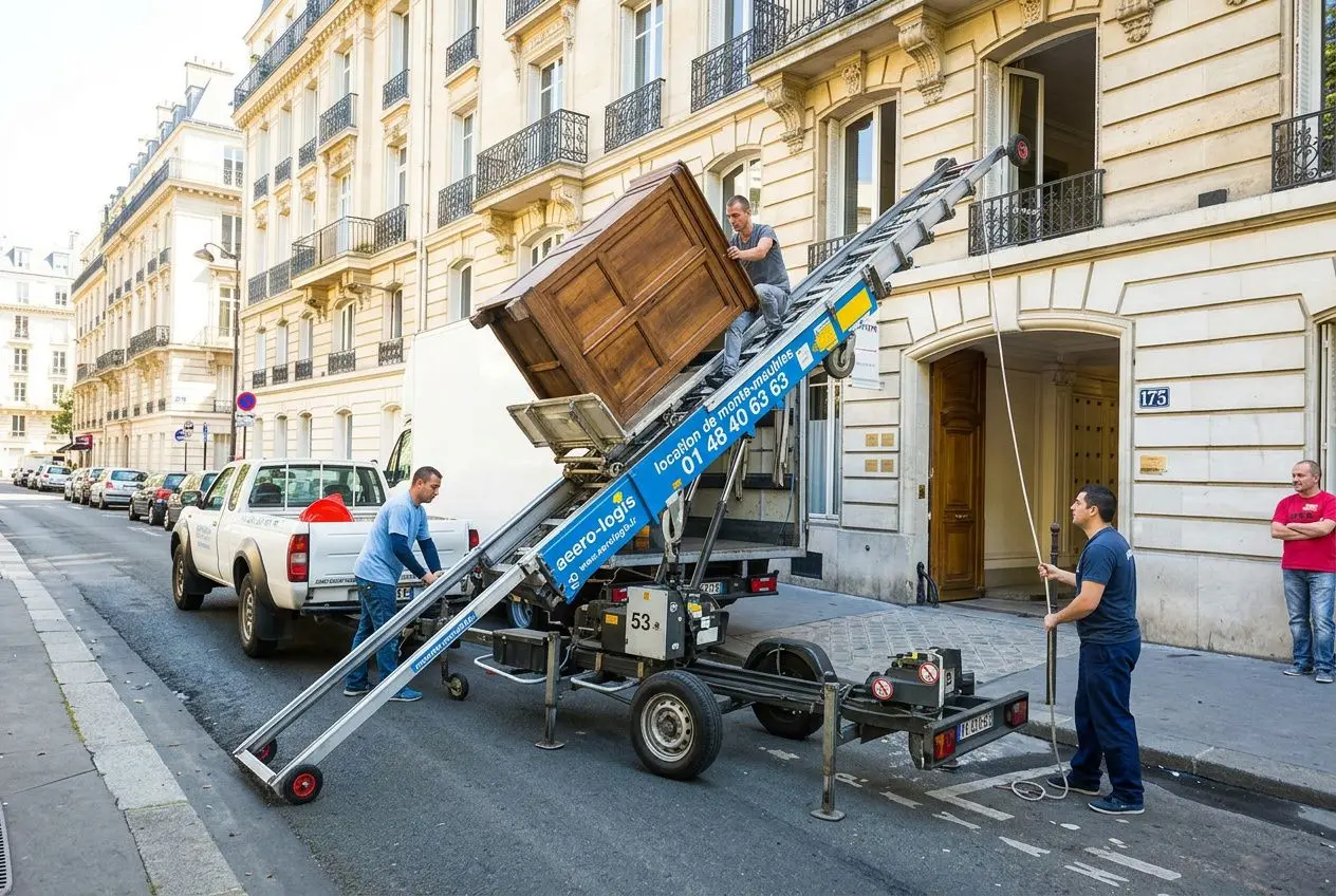 Transport d’un meuble lourd sur une rampe escalier mobile, avec une équipe guidant sur rue et un véhicule de déménagement. intégré: comment déplacer un meuble dans un escalier.