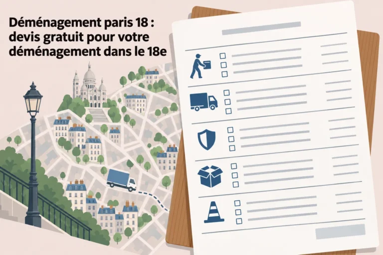 Déménagement paris 18 : illustration d’une liste de contrôle sur fond de quartier parisien et plan de ville, prêt à remplir.