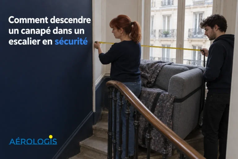 Deux personnes mesurent la largeur d’un canapé avec un mètre pliant dans un palier avec la mezzanine.