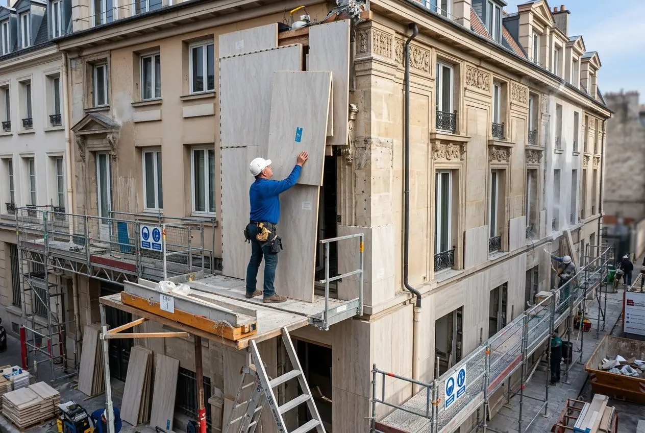 Homme en casque posant une grande plaque sur une façade de bâtiment ancien en rénovation, échafaudage et matériaux autour. Obligation d'ascenseur dans un immeuble ancien.