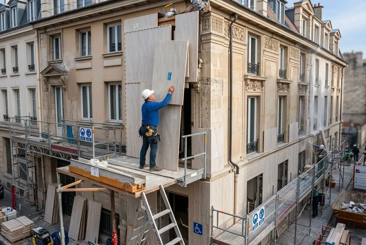 Ouvriers installant une grande cloison en bois sur une façade d’immeuble en travaux, encadrement de sécurité et échelle à proximité. Integrant le sujet: comment déménager en situation de handicap.