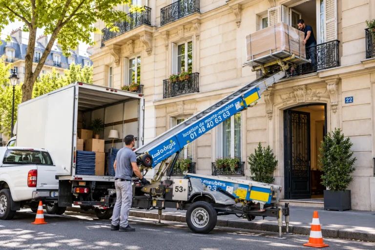 Deux manipulateurs déchargent un monte-meubles en direction d’un appartement en étage supérieur sur une rue parisienne.