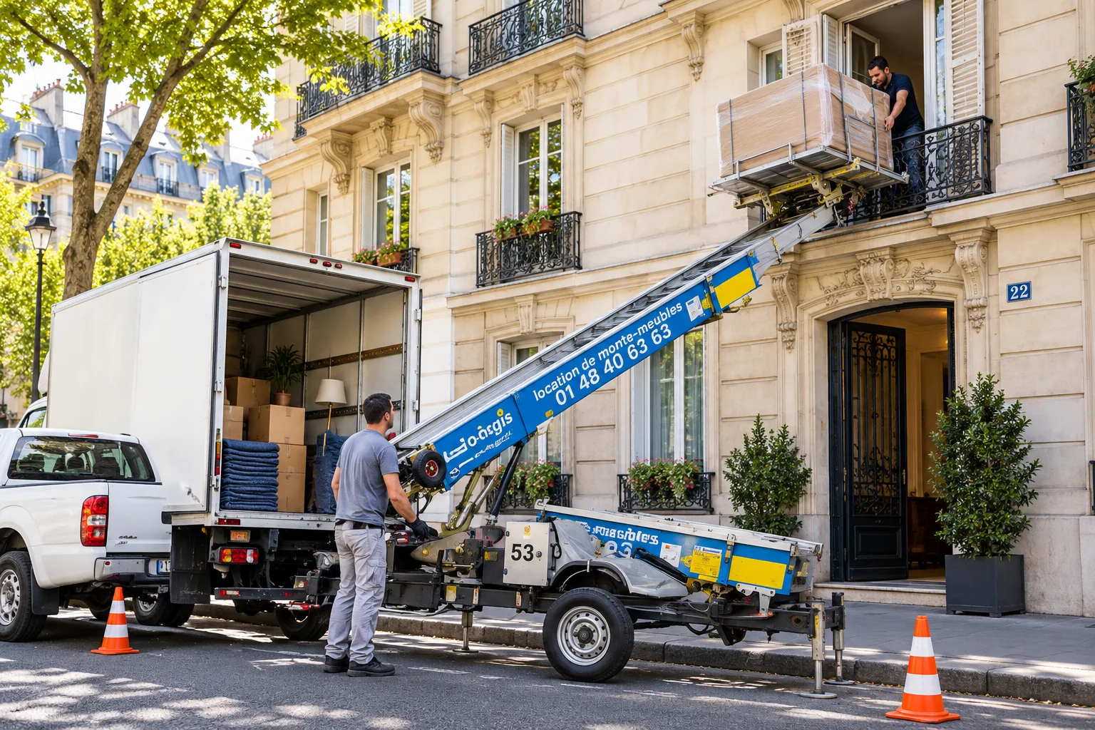 Deux manipulateurs déchargent un monte-meubles en direction d’un appartement en étage supérieur sur une rue parisienne.