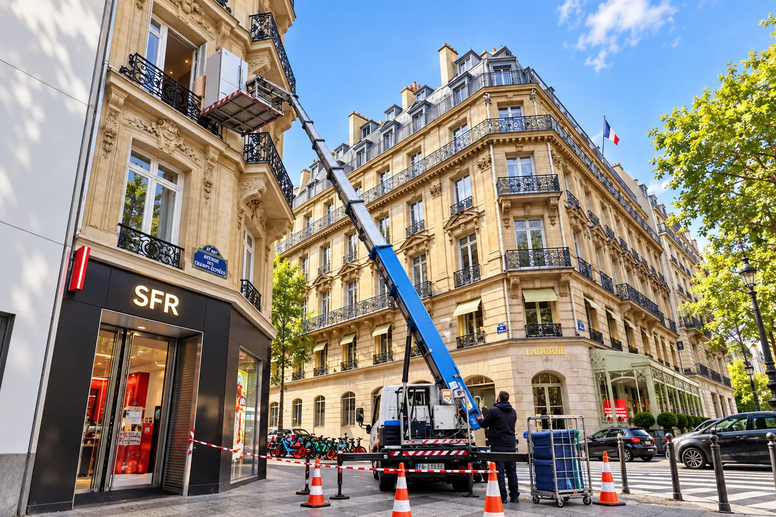 Grue mobile déployée en rue devant un immeuble, avec des cônes orange délimitant la zone et des hommes sur le pont élévateur.