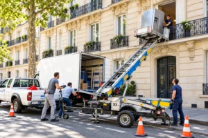 Montage d’un réfrigérateur sur un monte-meuble installé devant un immeuble parisien.