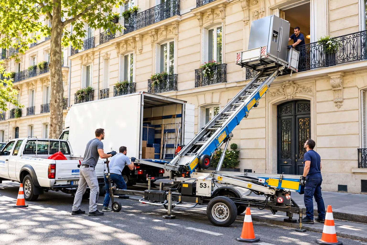 Montage d’un réfrigérateur sur un monte-meuble installé devant un immeuble parisien.