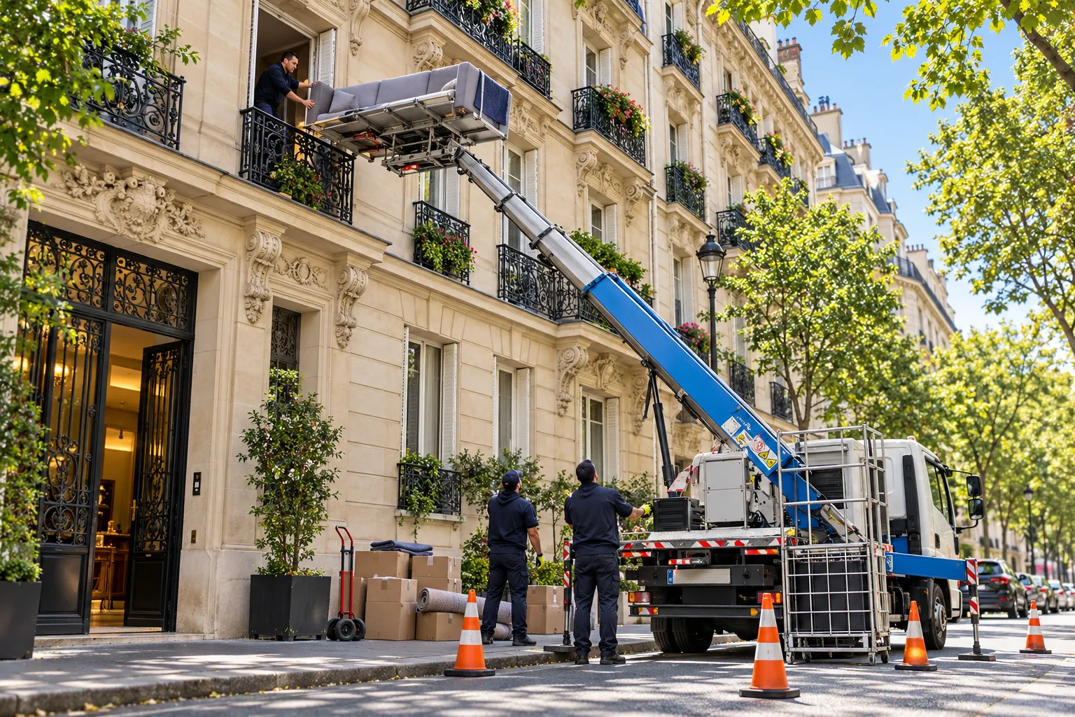 Monte-meubles déployé devant un immeuble parisien avec des ouvriers et une dame dans le balcon, prêt à déplacer des meubles.